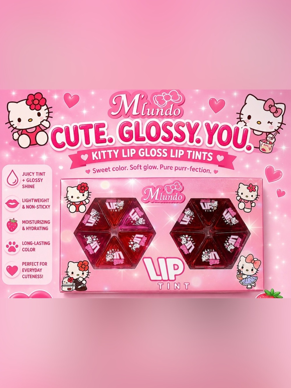 Cute Glossy Kitty Lip Tint - Pink Red Set of 12
